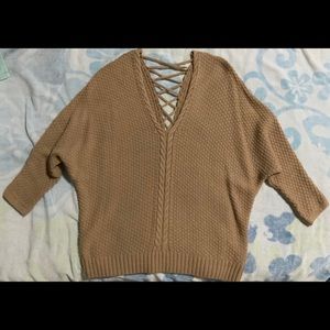 Fashion Nova V-neck Lace Back Sweater Tan Medium